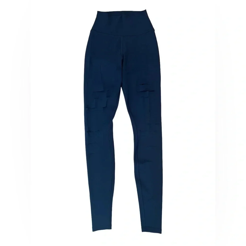 Alo yoga Navy leggings with slits Size xxs Waist 11” Inseam 29”